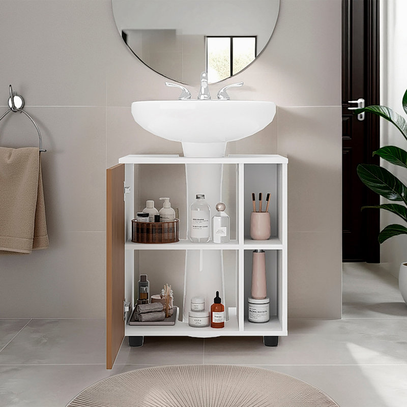 Armoire d'évier sous piédestal Parade, 1 porte, 5 compartiments ouverts, finition mélamine, Naturel / Blanc