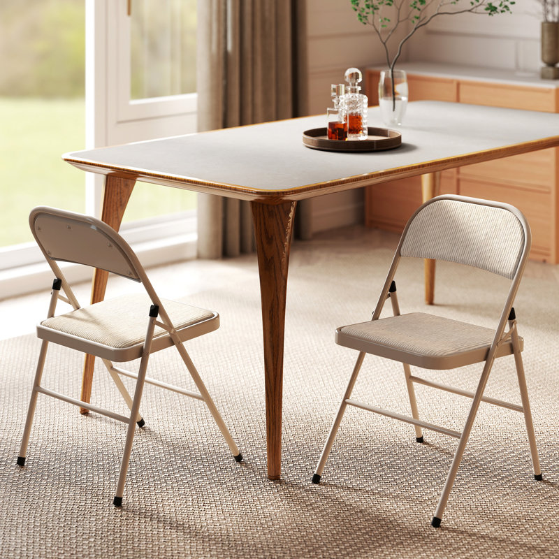 Metal Folding Chairs with Linen Cushion Foldable Chairs Beige