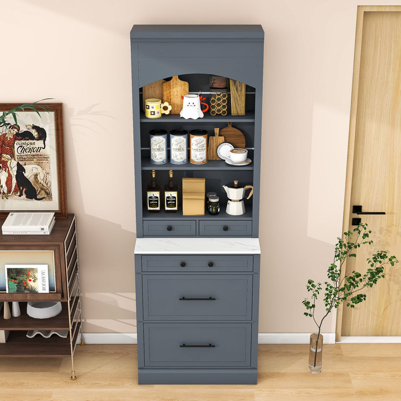 Grand garde-manger autoportant élégant avec comptoir en faux marbre, tablette réglable et tiroirs, Gris