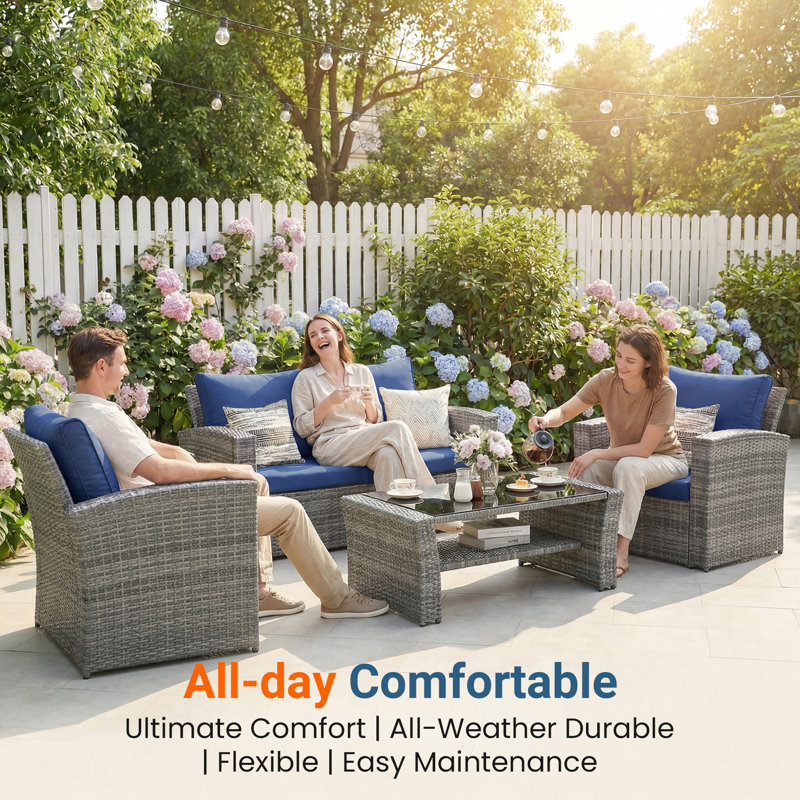 4-Person All Weather PE Wicker Patio Conversation Set, Handwoven Rattan Outdoor Furniture with Water-Resistant Olefin Cushions, Patio Furniture Sets for Backyard, Porch, Garden