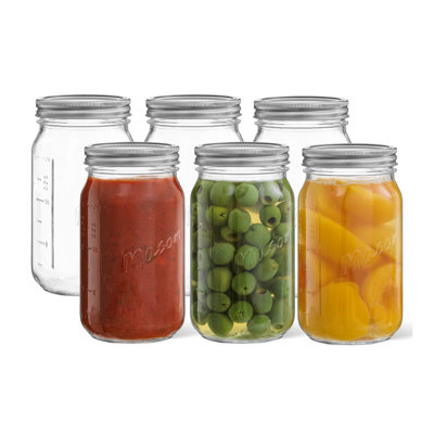 Joyjolt Brightware Wide-mouth Mason Jars With Airtight Lids, Labels, And Measures – 32 oz – Set Of 6 In Clear