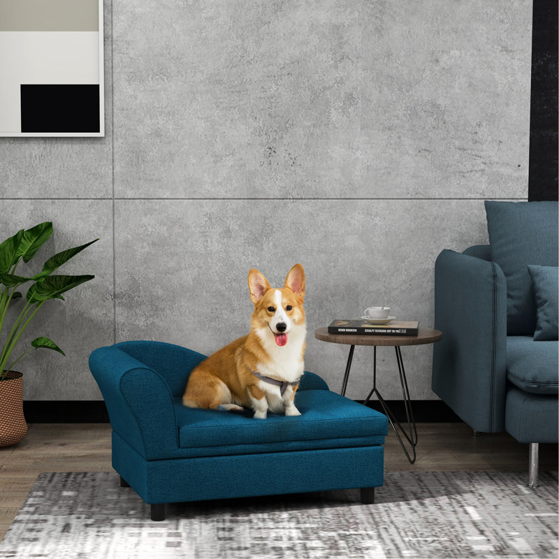 Canapé pour chien avec rangement caché, lit surélevé bleu foncé pour animal de compagnie, coussin moelleux pour les chiens et les chiens de petite et moyenne taille, coussin de lit élégant et confortable