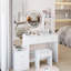 Table de coiffeuse à DEL de 17 po de diamètre à 3 couleurs vives, armoire à miroir pleine grandeur et tabouret rembourré, solution de style américain avec commode blanche: miroir réglable, tabouret avec bureau spacieux