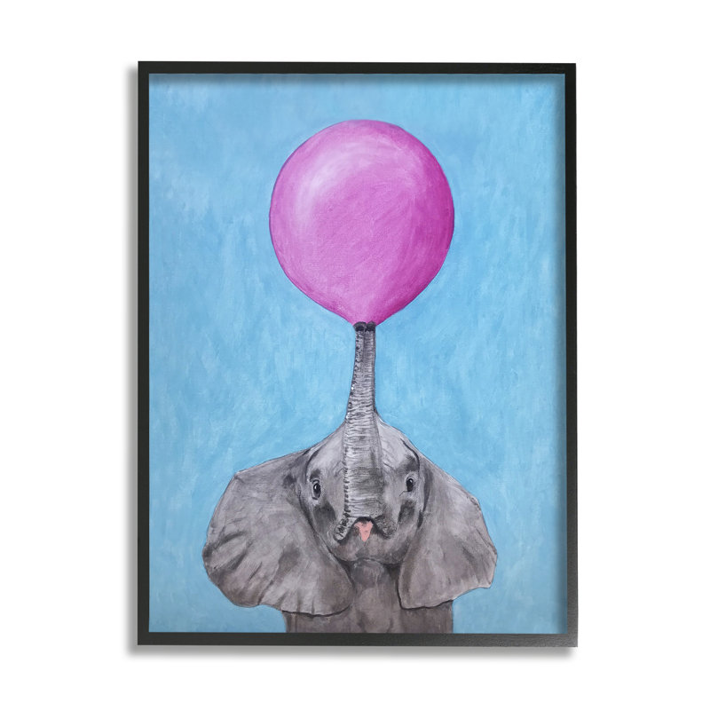 Mignon éléphant soufflant un portrait d'un animal en ballon rose par Coco de Paris - Peinture, H 20 po x l 16 po x P 1,5 po