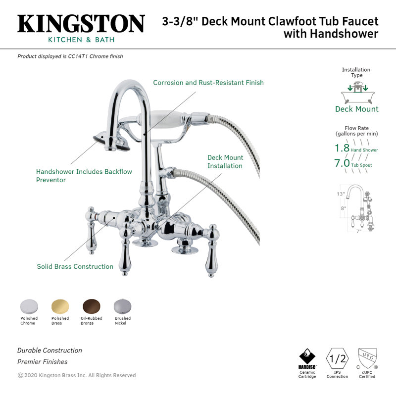 Kingston Brass Vintage Three-Handle 2-Hole Deck Mount Clawfoot Tub Faucet with Hand Shower, Brushed Nickel