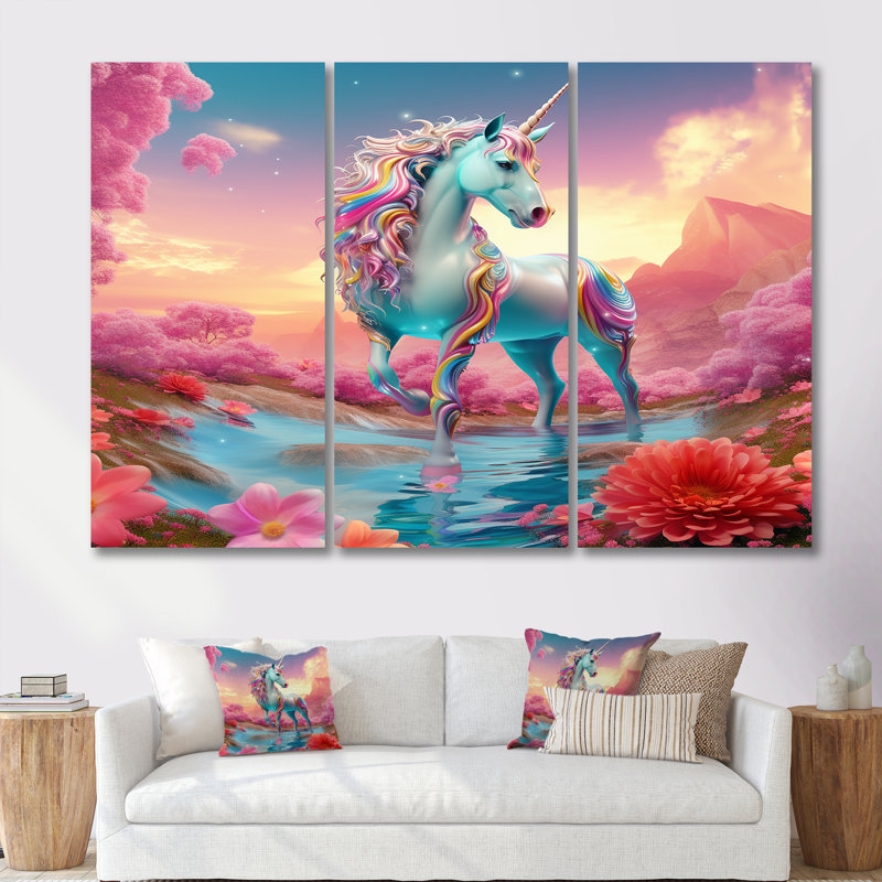 Ensemble de salon magique avec licorne blanche et fleur magique, Toile tendue, H 40 po x l 60 po x P 1 po