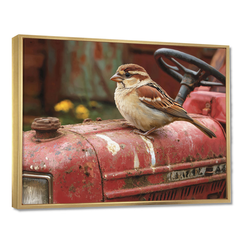 Oiseau moineau sur le tracteur II - oiseau, art mural, H 34 po x l 44 po, Cadre flottant, Doré