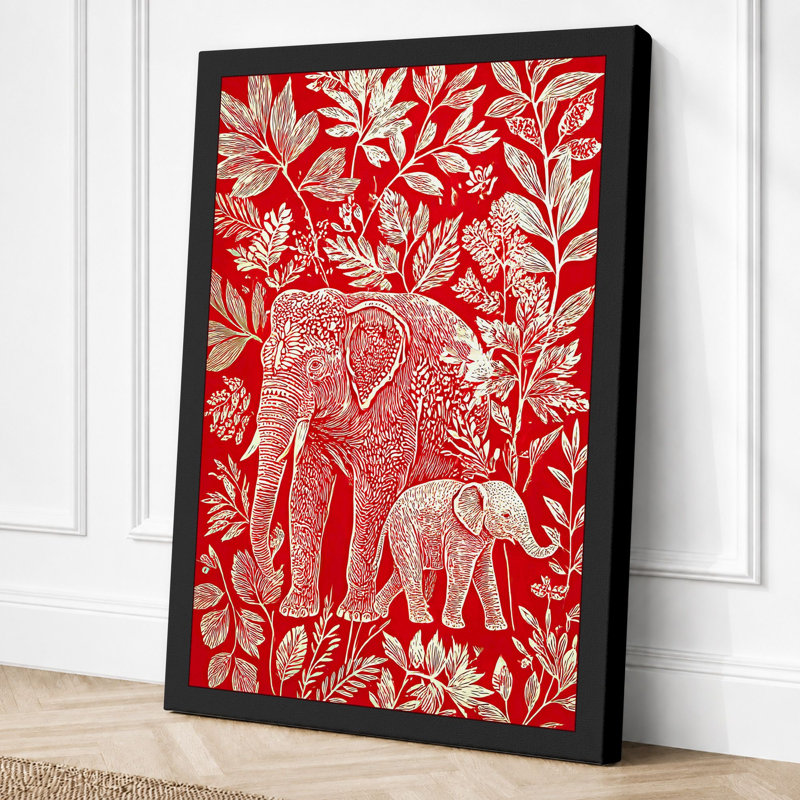 Elephants In Bloom Boho - Print, 30x20 - 76.2 x 50.8 cm, Black Border