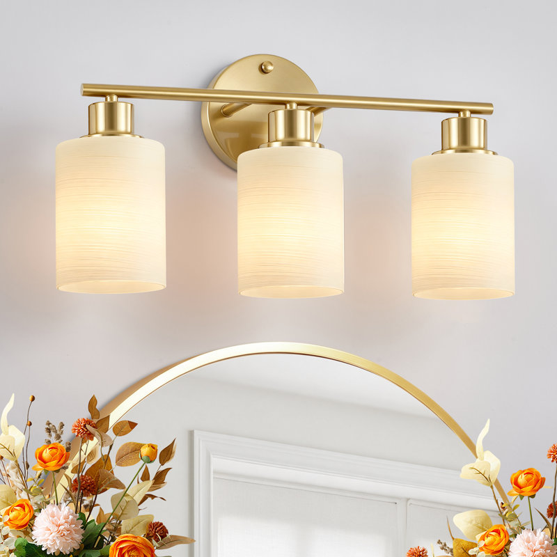 Éclairage pour salle de bain 3 lumières à intensité variable avec abat-jour en verre blanc, Gold & White, 3