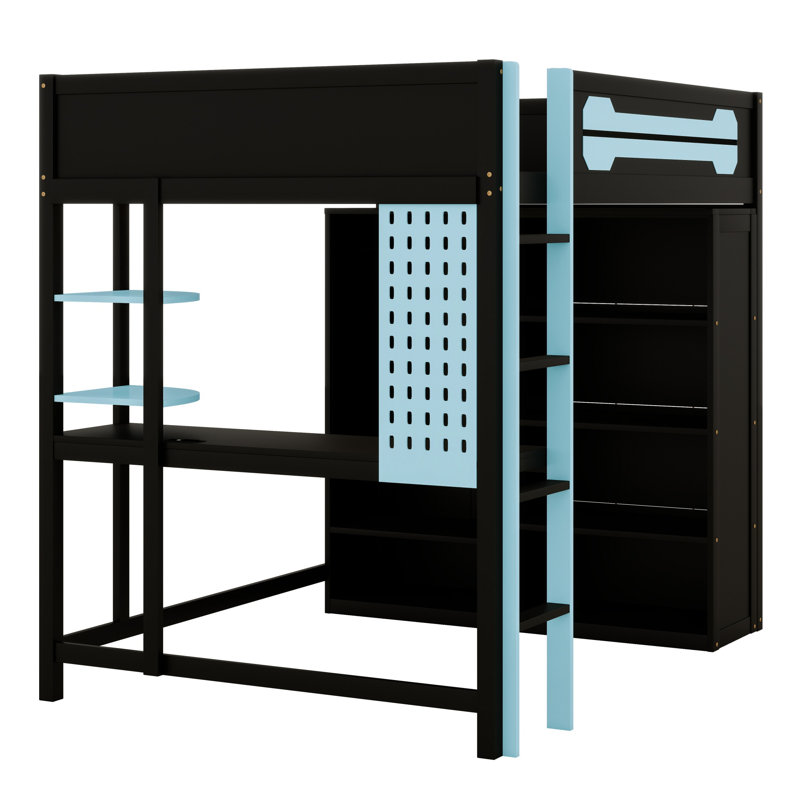 Lit mezzanine moderne avec bureau intégré et rangement ouvert pour garde-robe, Bleu