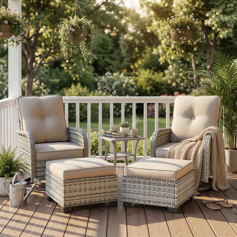 5-Piece Outdoor Swivel Glider Chair Set With Cushions, Ottomans And Side Table, Taupe