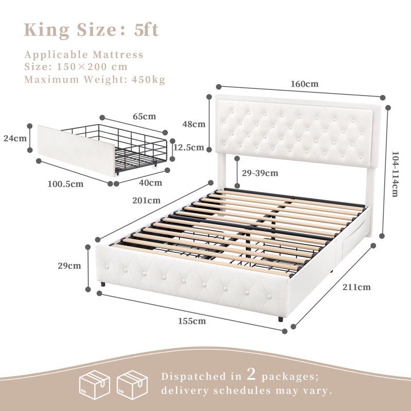 Bed, King(5'), Off-white, Velvet