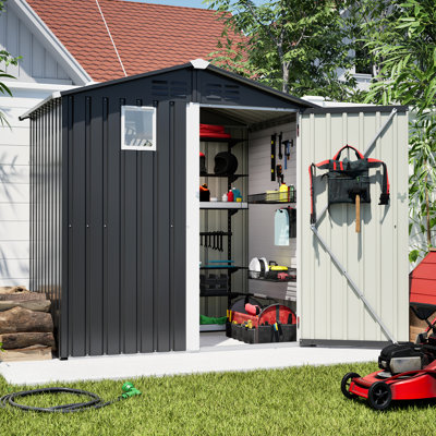 Remise de rangement extérieure en métal noir 6 pi x 4 pi, coffre à outils utilitaire pour patio de jardin, avec serrure et fenêtre transparente, grande capacité, rangement rapide sur la pelouse, espace de porte verrouillable, espace facile
