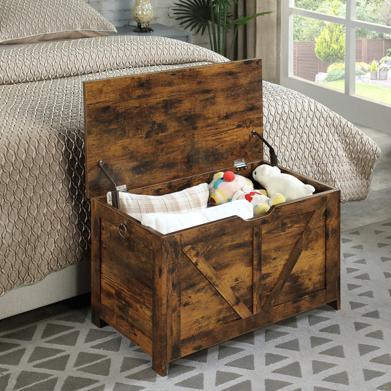 Banc de rangement rustique brun avec intérieur spacieux et poignée en forme de U, organisateur de coffre à jouets polyvalent et solution d'assise pour plusieurs pièces, assemblage facile et fabrication durable