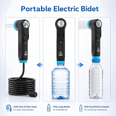 WOWER Portable Electric Bidet for Toilet&Shower, 1600mAh Handheld Travel Bidet with Bottle Adapter, 2 Speed Modes & LED Battery Display, Personal Hygiene Toilet Washer for Home, Camping, Hiking, Postpartum, Pregnancy, Baby