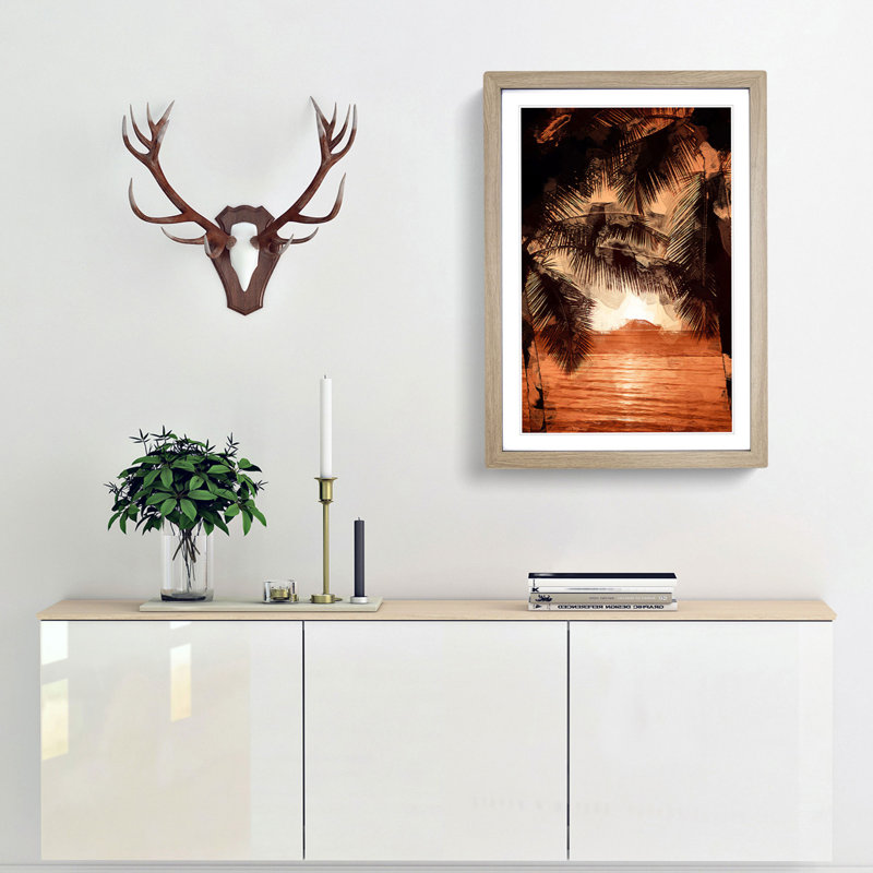 Palm Tree Sunset in Abstract - Picture Frame Graphic Art Print, Oak Framed, 48cm H x 36cm W x 2cm D
