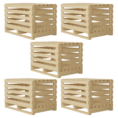 Wooden Stackable Shipping Crate With Slatted Heavy Duty Structure, Easy To Storage & Transport Any Items, Set Of 5, 44 X 34 X 32, Beige