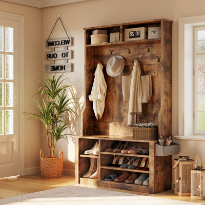 Coat Rack with Adjustable Shoe Shelf, Extra Pocket Storage Features ,Double Storage Space with Hooks.