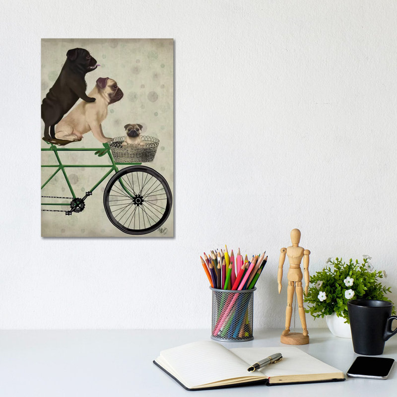 Pugs On Bicycle by Fab Funky - Wrapped Canvas Print, 30.48cm H x 20.32cm W x 1.91cm D