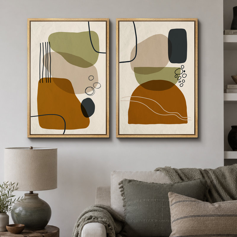 Reproduction de style Mid-Century brun vert et gris, symbole de collage de formes abstraites modernes sur toile, 2 pièces
