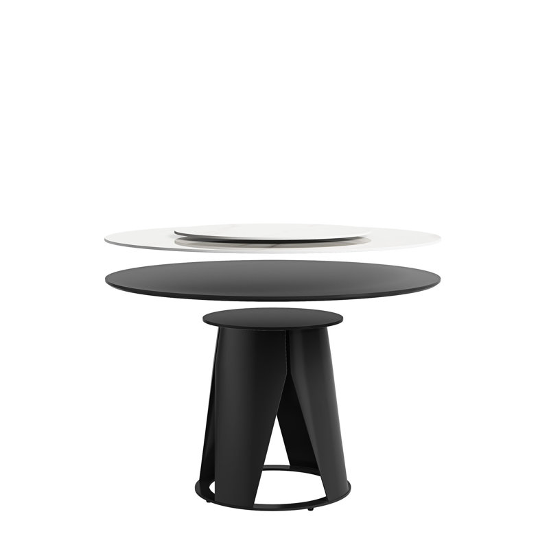 Table de salle à manger contemporaine de 59 po avec plateau en pierre frittée, table tournante ronde de 35,4 po, piédestal en métal, base blanche, pour érosion, pour 6 à 8 convives
