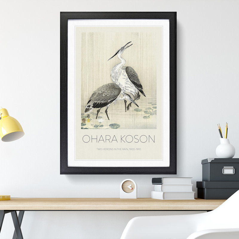 Two Herons in the Rain by Ohara Koson - Picture Frame Painting, 48cm H x 36cm W x 2cm D, Black Framed
