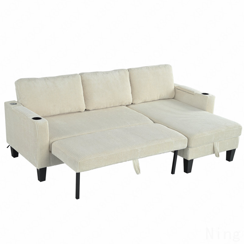 Reversible Sectional Sofa with Storage Chaise and Cup Holder, Beige