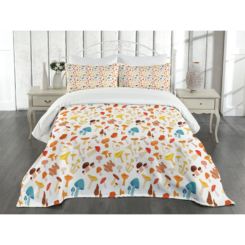Ambesonne Mushroom Bedspread Set  Toadstool Cartoon Style  Multicolor, King Coverlet / Bedspread + 2 Standard Shams