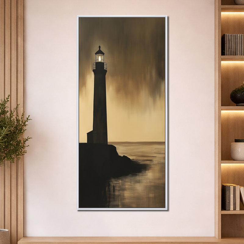 " Golden Dusk Lighthouse III ", H 60 po x l 28 po, Cadre flottant blanc