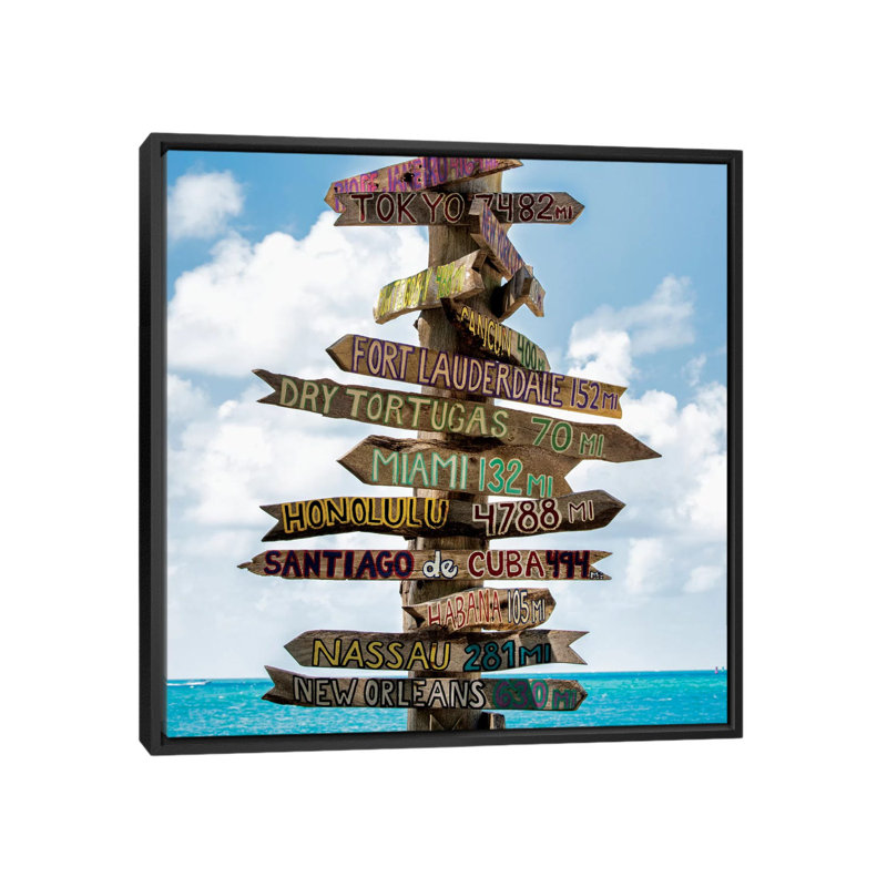 «Key West Directional Sign III» par Phillippe Hugonnard - Toile tendue, H 18 po x l 18 po x P 1,5 po, Toile avec cadre noir