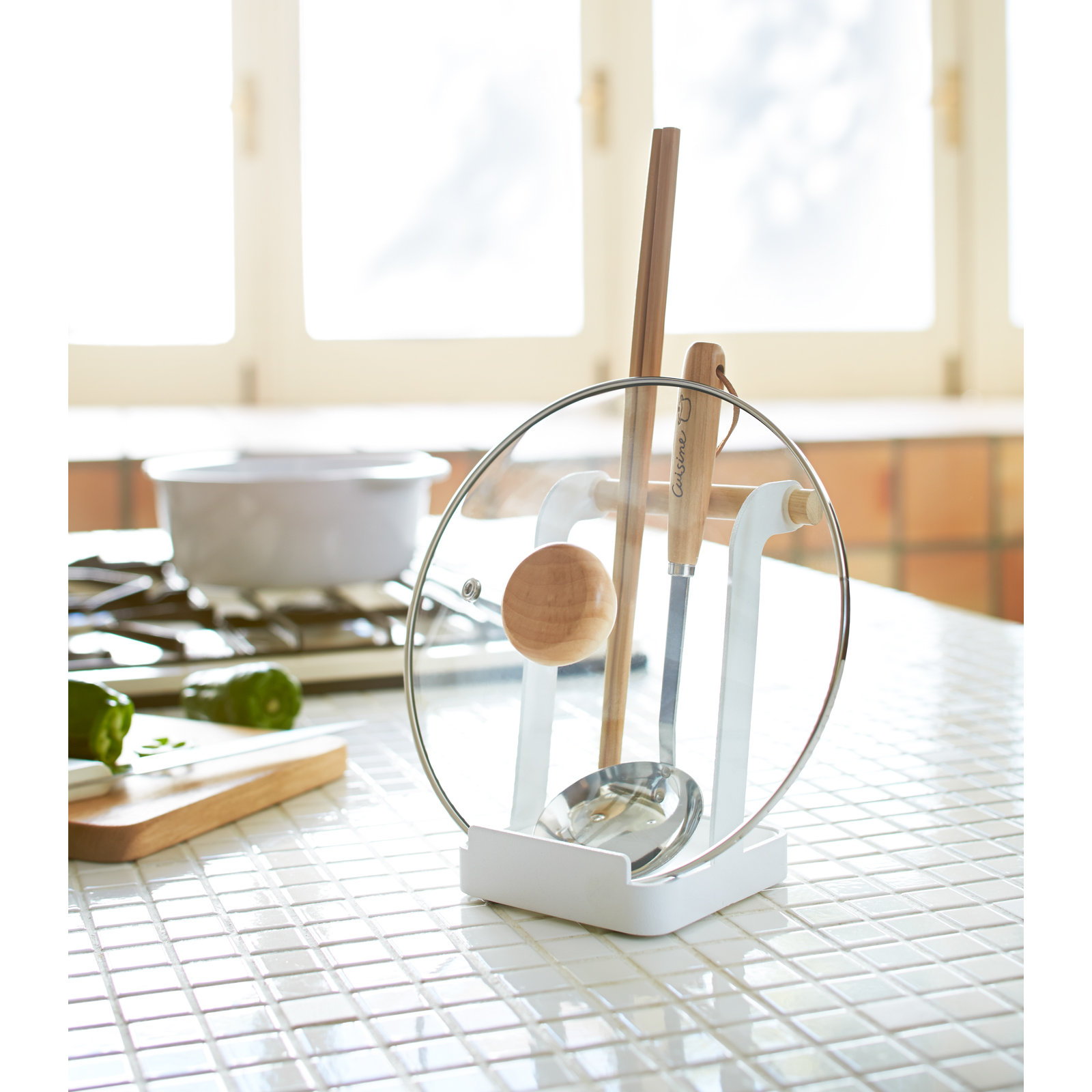 Tosca Yamazaki Home Ladle & Lid Rest, Kitchen Utensil Organizer Stand For Cooking, Steel + Wood