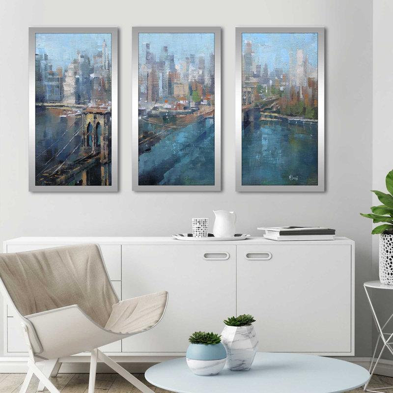 «Brooklyn Bridge» par Mark Lague - peinture sur cadre 3 pièces, L 40,5 po x H 25,5 po x P 1 po