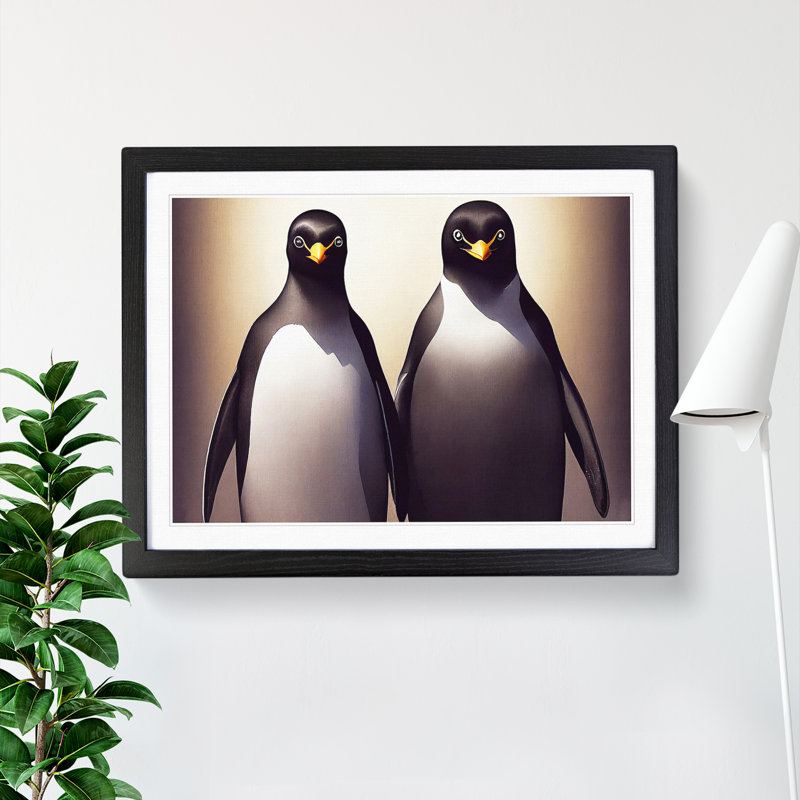 XH1022-6750X Pair Of Penguins - Single Picture Frame Painting, Black Framed, 46cm H x 64cm W x 2cm D
