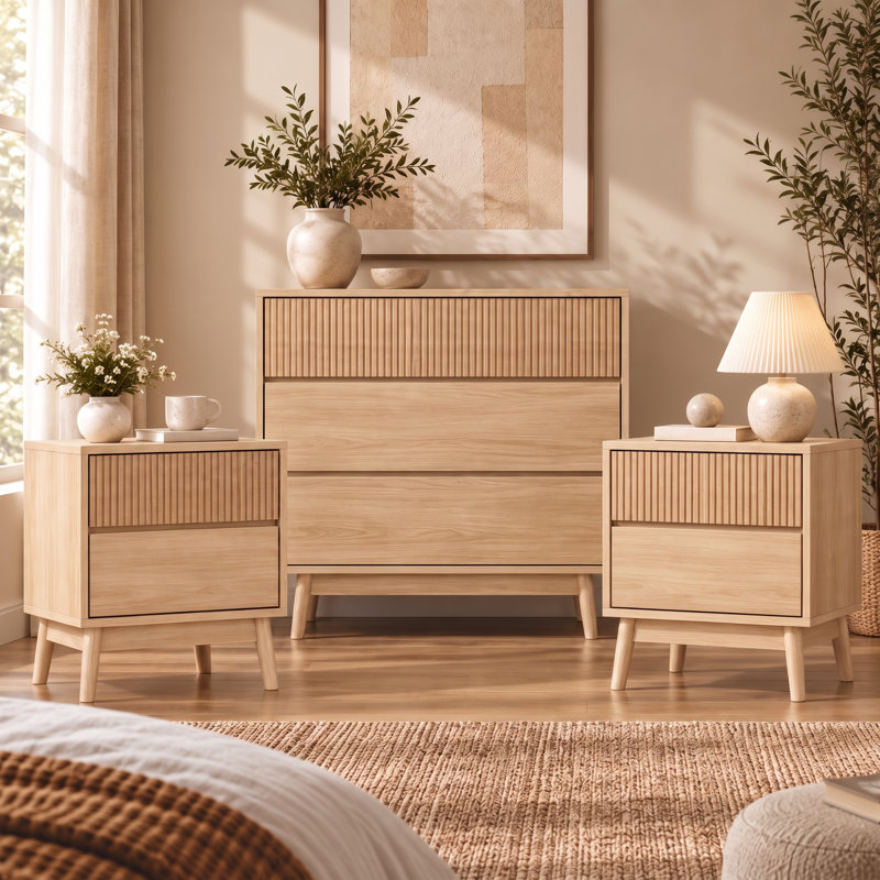 Ensemble de chambre à coucher 3 pièces (table de chevet et commode)