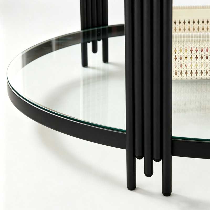 Table basse ronde moderne en verre avec rangement ouvert à 2 niveaux, table centrale pour salon de taille moyenne, structure en métal noir