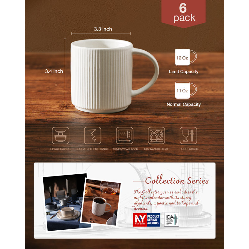 Coffee Mugs Set of 6, Matte White
