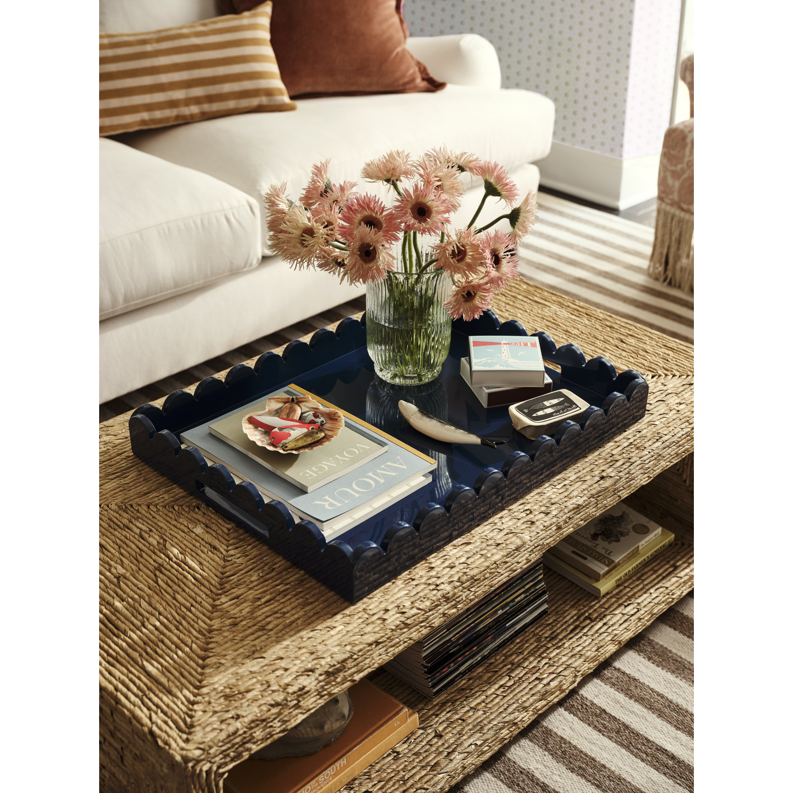 Hindley Hand-Crafted Rectangular Scalloped Wood Tray, Pink