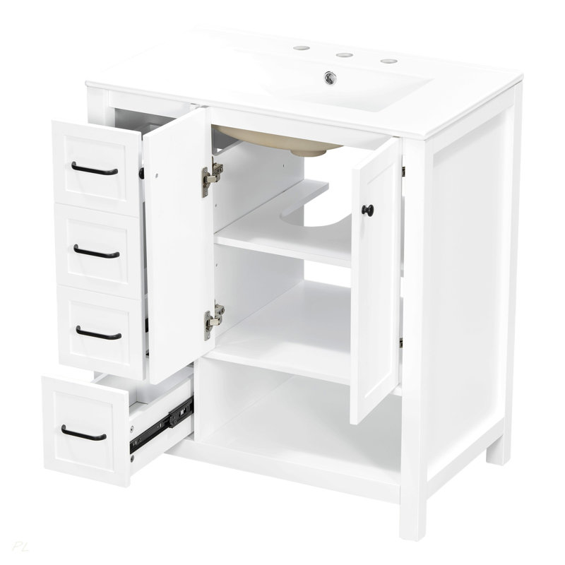 Meuble-lavabo 30 po avec comptoir, meuble-lavabo avec deux portes et deux tiroirs, bois massif, tablette ouverte, panneaux de fibres à densité moyenne, un paquet, blanc