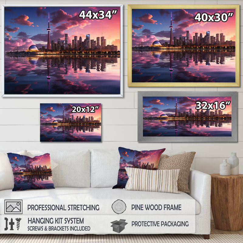 Mauve Toronto par nuit - imprimé, H 16 po x l 32 po x P 1 po, Cadre flottant doré
