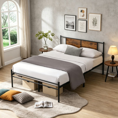 Metal Platform Bed Frame with Wood Headboard and Under Bed Storage Space for Bedroom Guest Room, Industrial Bed Frame Easy Assembly Structure, California King Size, Black