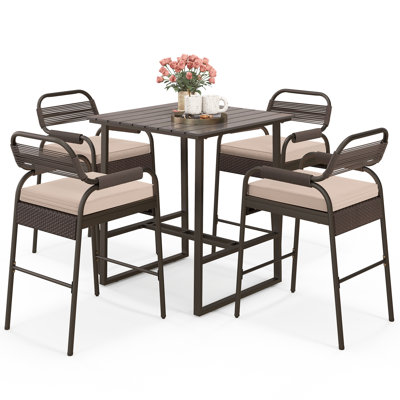 5 PCS Outdoor Counter Bar Set, 36" High Metal Bar Table with 4 Cushioned Stools Chairs & Slatted Tabletop, Counter-Height Bistro Set