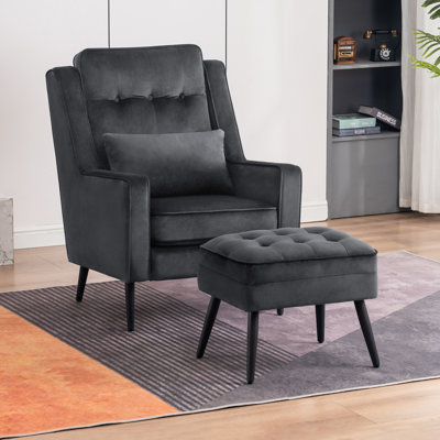 Modern Accent Club Chair with Ottoman, Velvet Upholstered with Black Metal Legs, Armchair with Lumbar Pillow