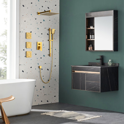 Golden Shower System With Head, Hand Shower, Slide Bar, Bodysprays, Arm, Hose, Valve Trim And Lever Handles. Self-cleaning Head For Natural Rainfall Ambiance. , Brass. 12.32 In. Depth, 59.36 Width,