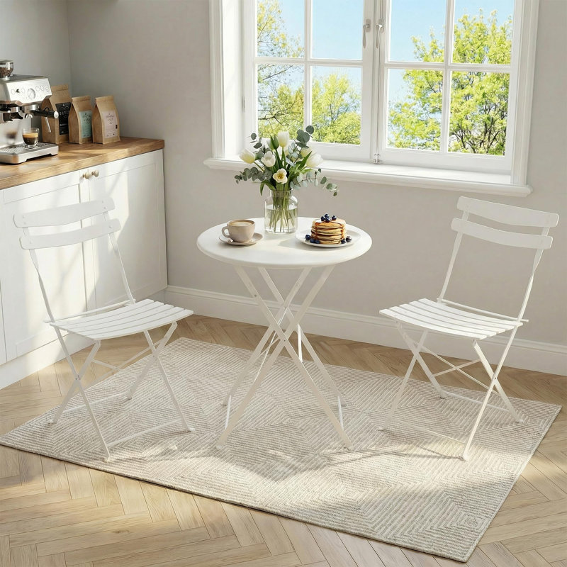 2-Seater Patio Bistro Set - Round Folding Table and 2 Metal Chairs, White