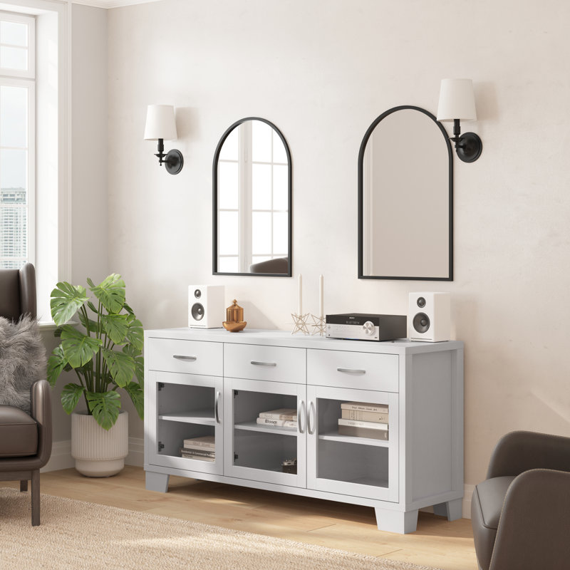 Engineered Wood Buffet Sideboard Storage Cabinet With 3 Drawers, Doors, White
