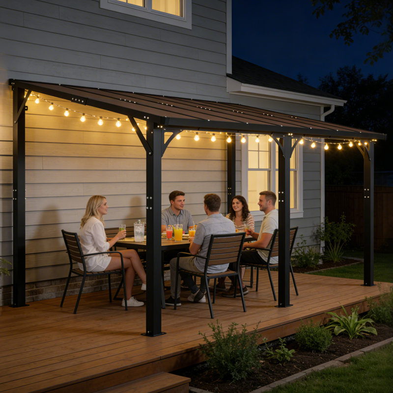 Pergola à toit rigide de 14 x 10 pi avec toit en polycarbonate teinté pour salle à manger extérieure, 14×10 FT