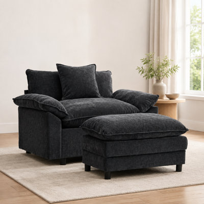 Fauteuil d'appoint surdimensionné de 114 cm avec repose-pieds, fauteuil en chenille noire, fauteuil de salon et de lecture moderne pour le salon et la chambre à coucher