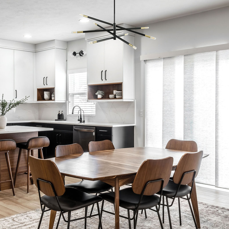 8 Light Incandescent Pendant, Matte Black and Aged Brass