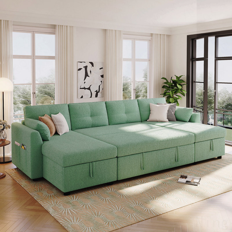 Canapé-lit modulaire en U de 107 po avec revêtement en tissu Teddy et méridienne double Xylo, Vert