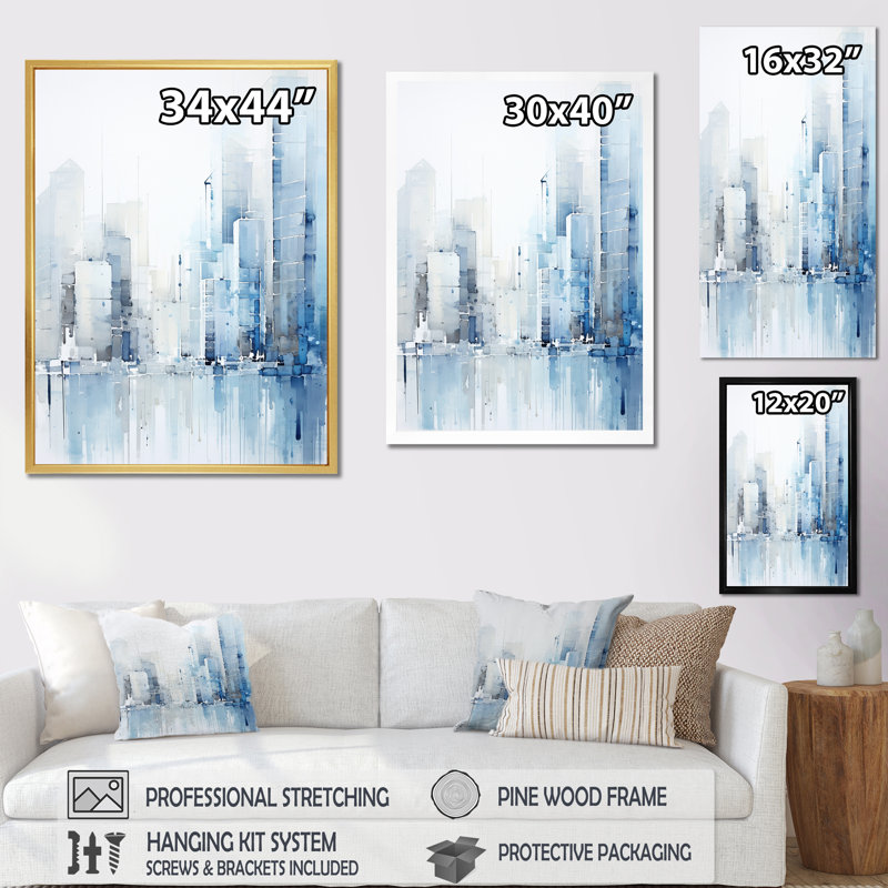 «Azure Ascent Skycrapers Harmony II - Skyscrapers», reproduction d'art sur toile, Toile tendue, H 44 po x l 34 po x P 1,5 po